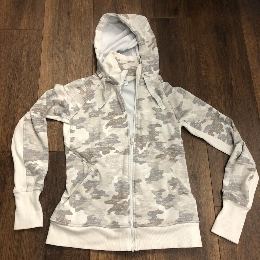 Athleta Triumph Printed Hoodie Jacket Full Zip Grey Gypsum Camo Size Small